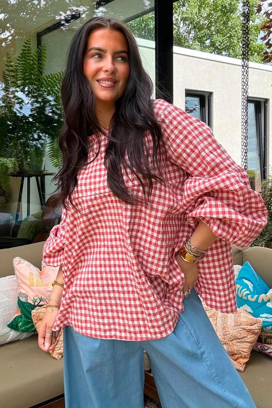 Nonni Gingham Bell Sleeve Peasant Blouse Jam